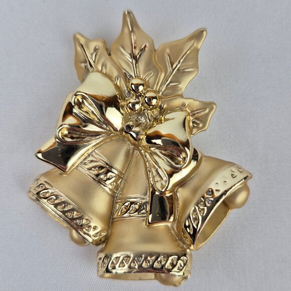Vintage Gold Tone Christmas Holiday Brooch with Bells, Holly and a Bow Design - Picture 1 of 13